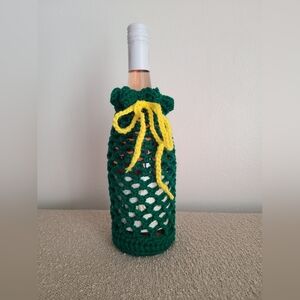 Handcrafted Green and Gold Crochet Wine Bottle Cover